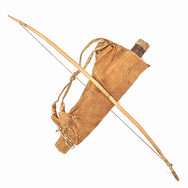 wooden bow and leather bag holding quiver