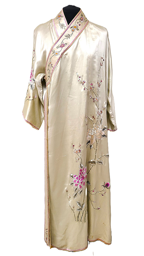 White silk robe with green and pink embroidery