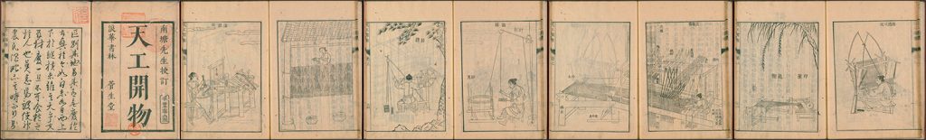 Images from "The Exploitation of the Works of Nature" showing the steps of silk production