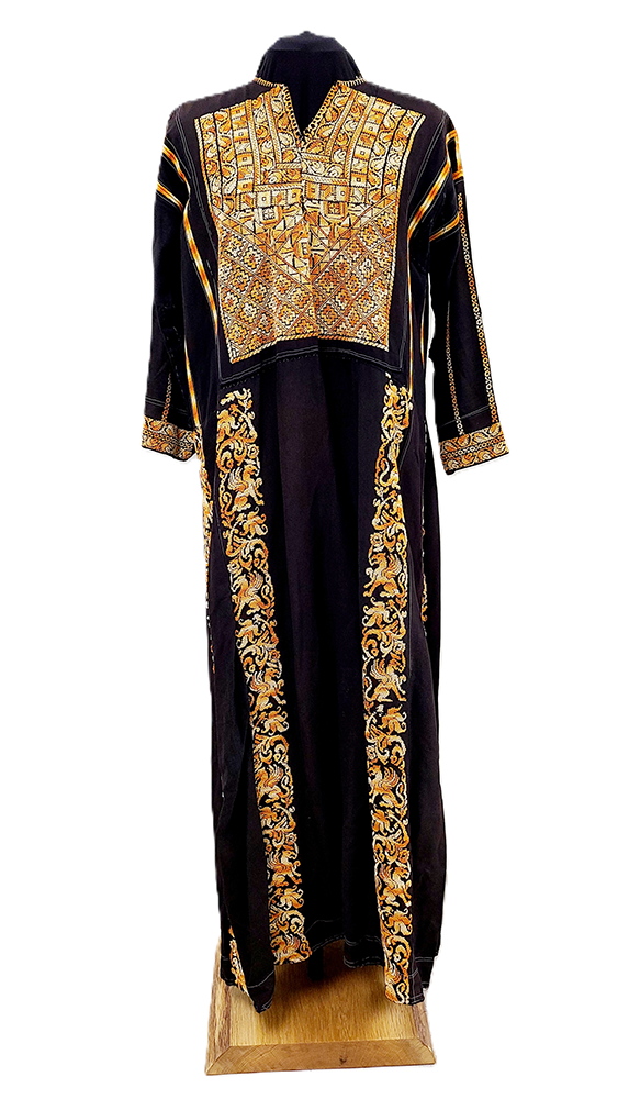 Long black dress with orange and white embroidery